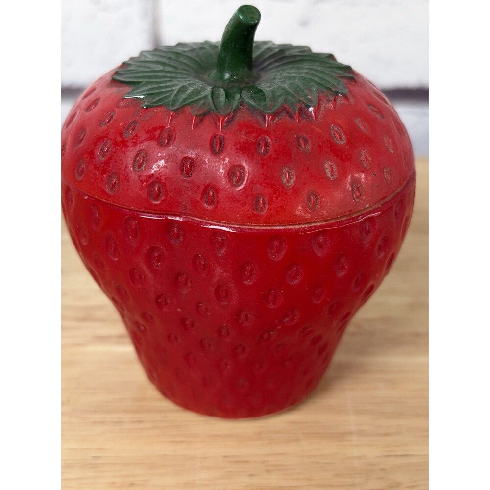 Hazel Atlas Jelly Jar Apple Strawberry Milk Glass Pair Lidded Jam Jar Vintage - Picture 7 of 15